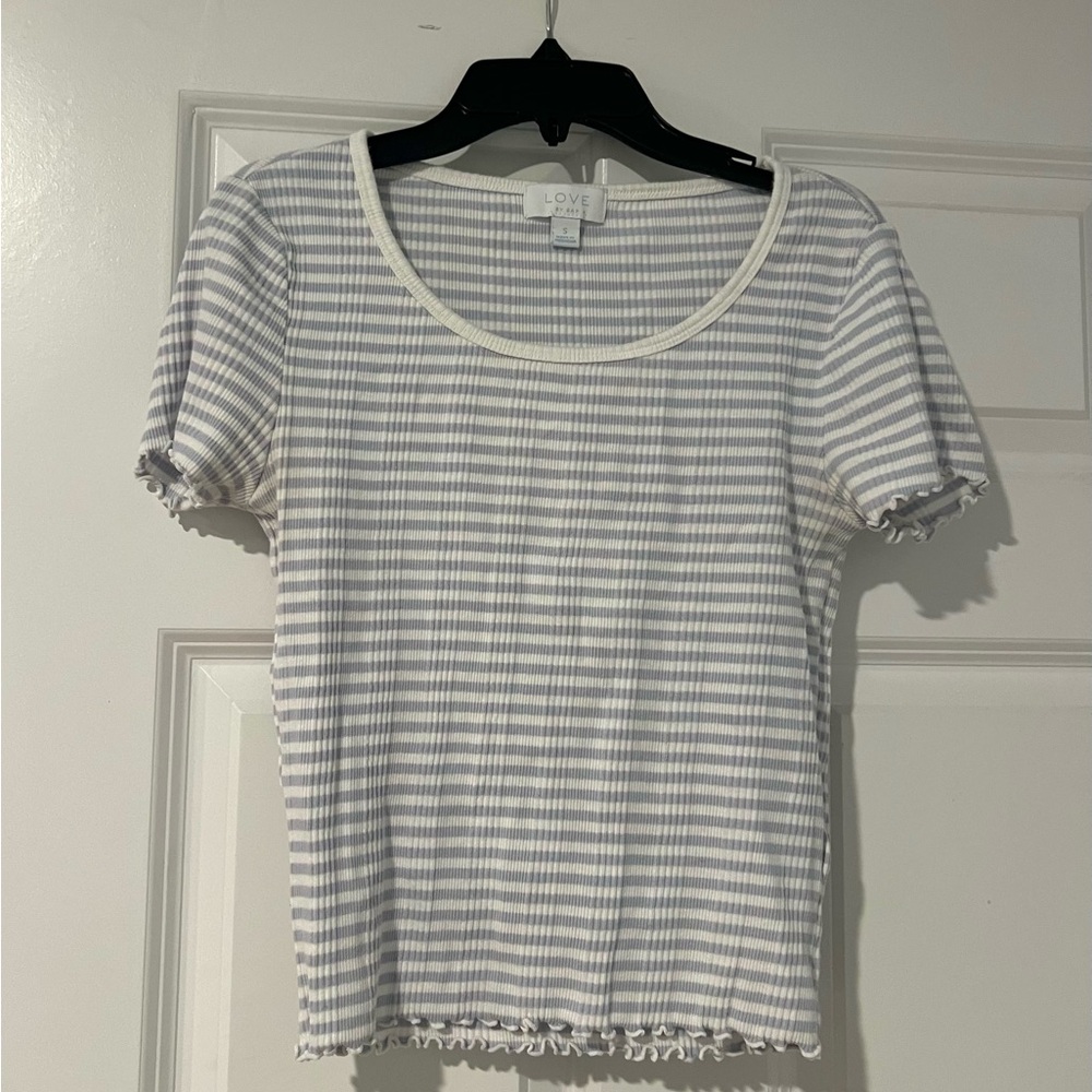 Blue and White Striped Ruffle Tee
